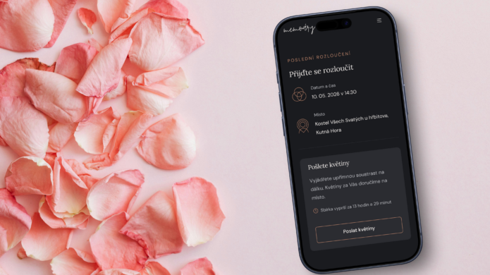 Mobilní telefon na růžovém pozadí zobrazuje ukázkový smuteční profil Heleny Procházkové na portálu Memoáry s integrovaným tlačítkem pro doručení květin.